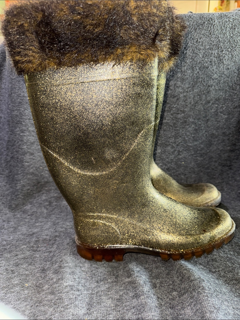 Sparkle Faux-Fur Trim Women’s Gold Knee-High Rain Boots Italian Y2K
